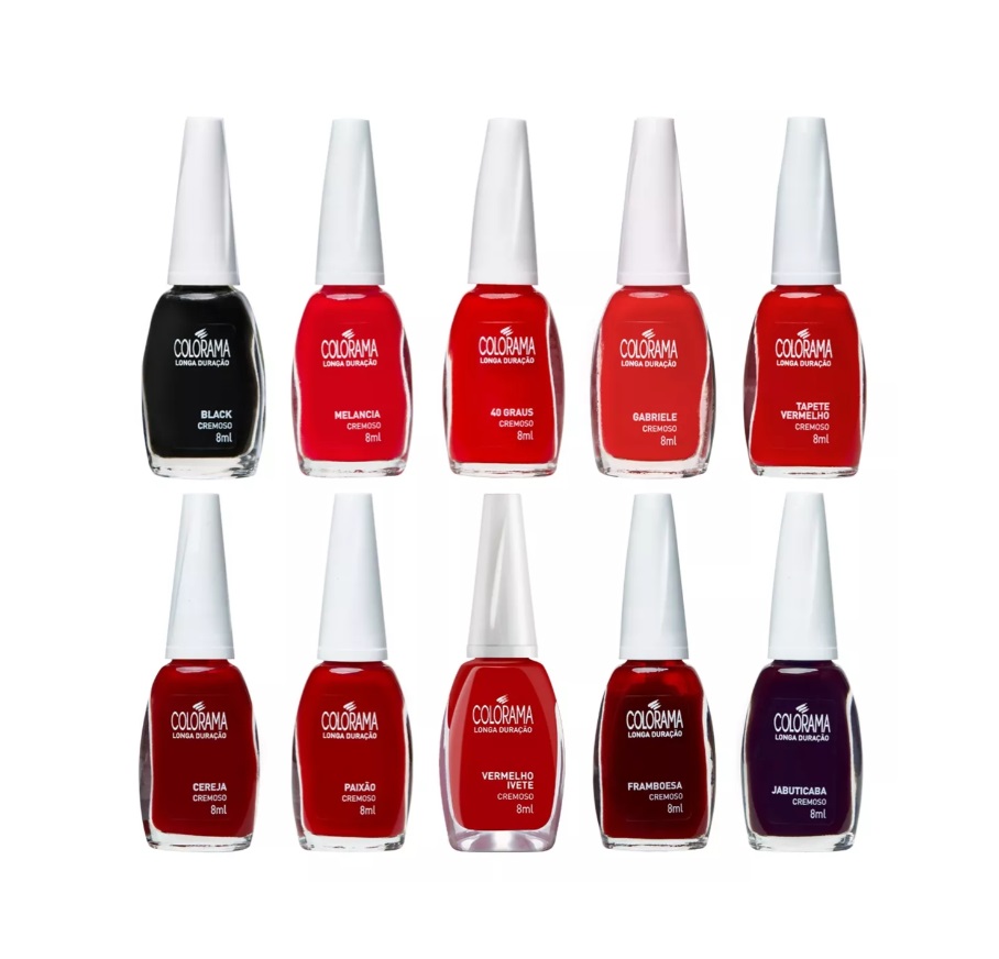 Conjunto de dez frascos de verniz para unhas Coldama de várias cores com tampas brancas.