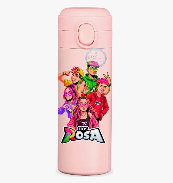 Garrafa térmica rosa com ilustração e texto DOS ROSA