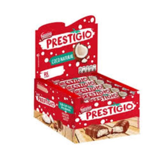 Caixa vermelha de chocolates Nestlé Prestígio com texto e imagens de coco e chocolate