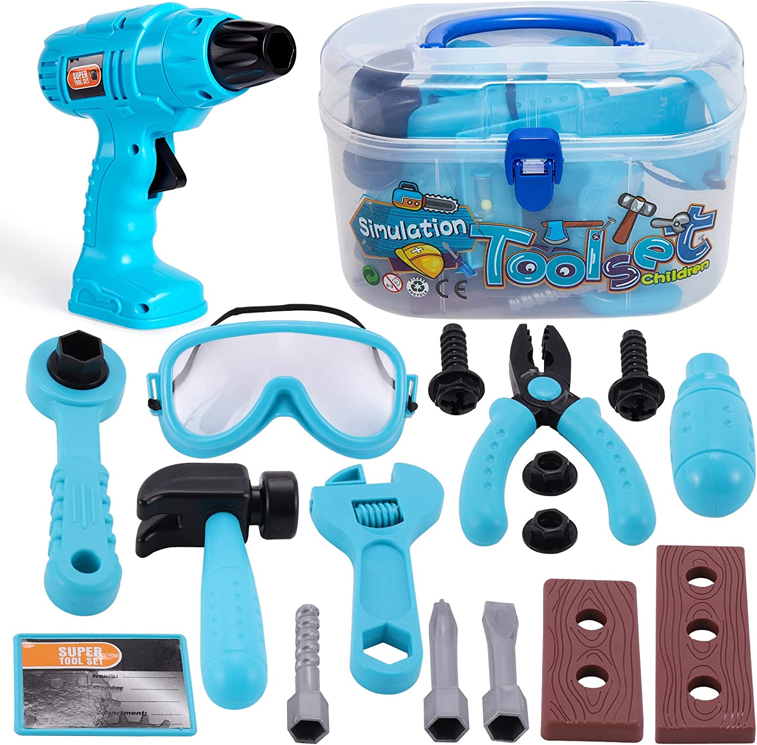 Conjunto de ferramentas de brinquedo azul com caixa transparente