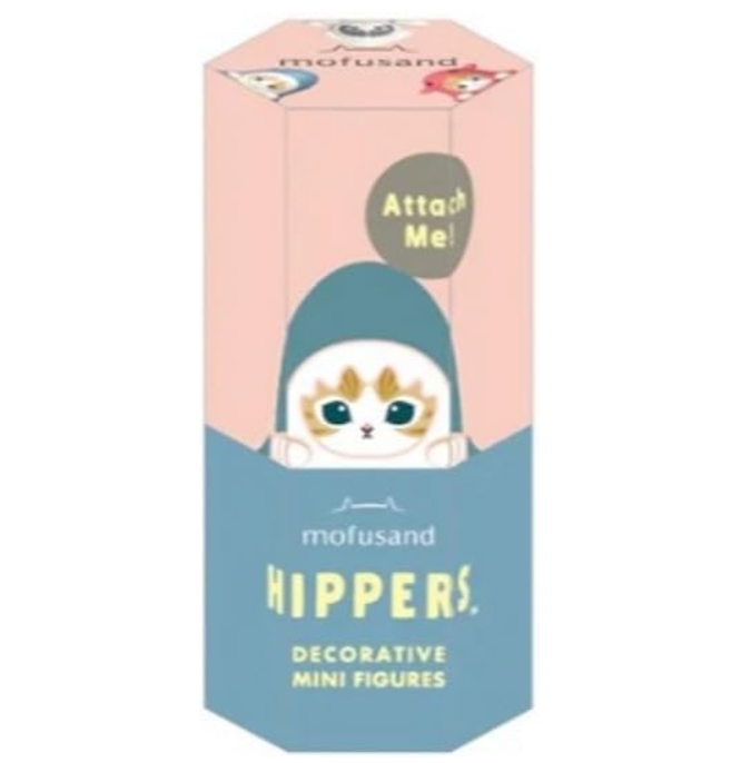 Embalagem octogonal azul e rosa com figura decorativa de gato e texto produzido