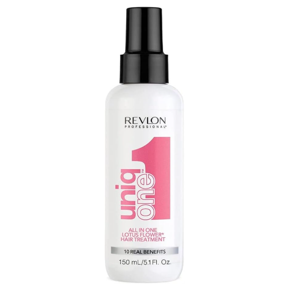 Frasco branco com tampa preta de spray do tratamento capilar Revlon Uniq One