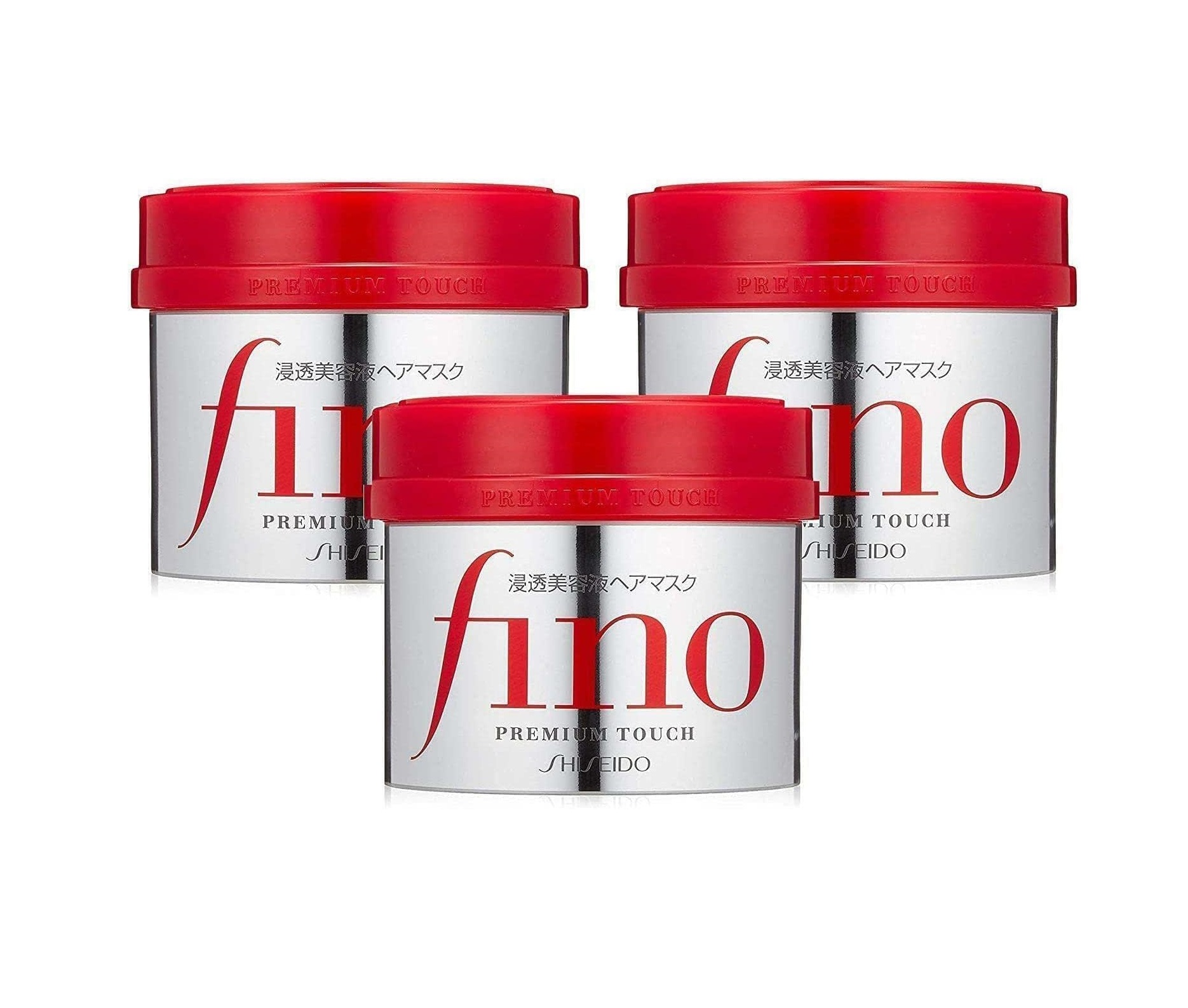 Três embalagens do Fino Premium Touch Shiseido com tampas vermelhas e corpos prateados.
