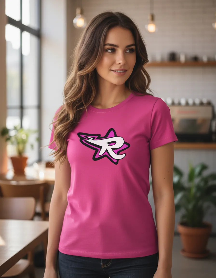 Camiseta rosa com estampado de estrela e letra R em ambiente interior