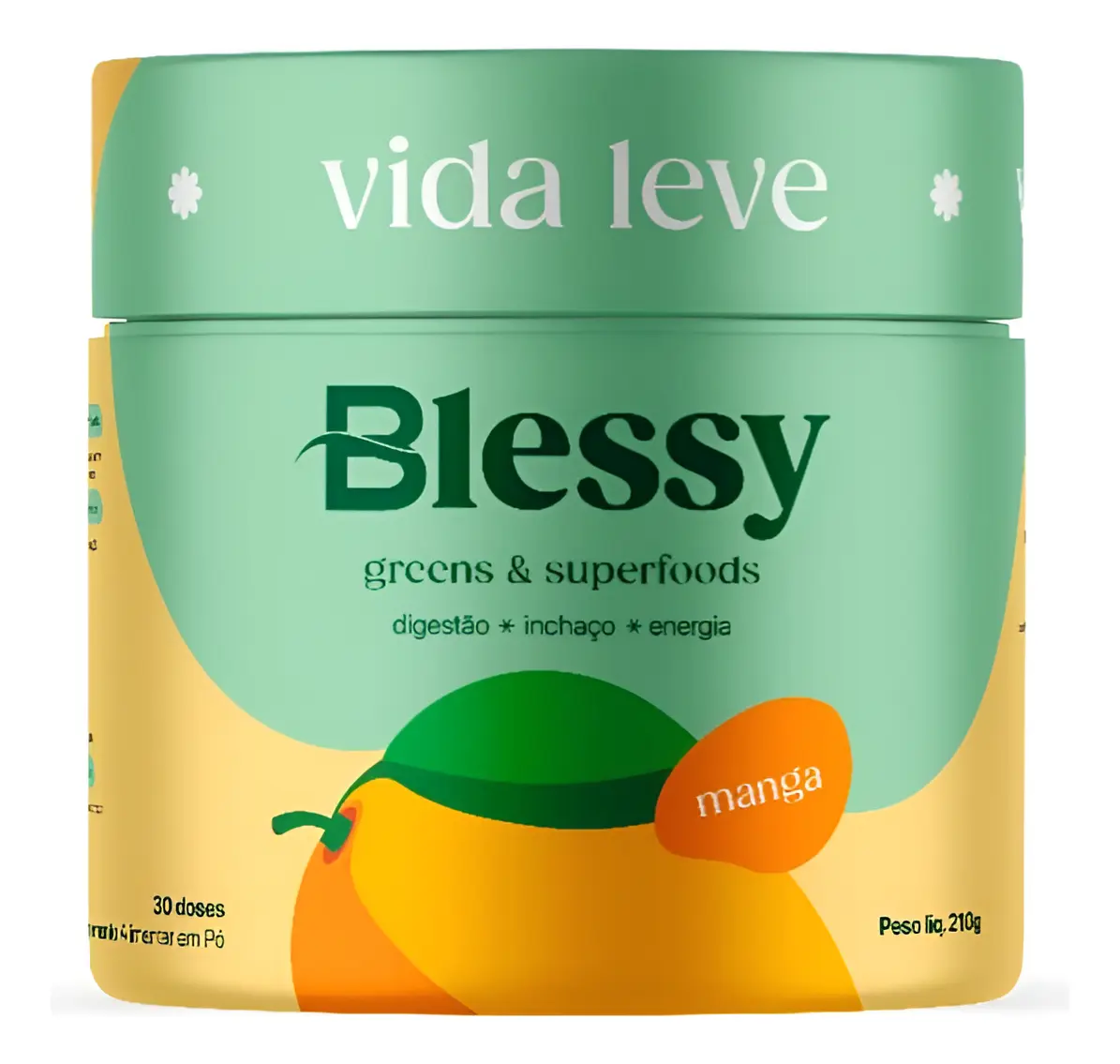 Embalagem de suplemento Blessy sabor manga cor amarela e verde