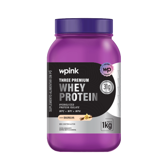 Frasco roxo de suplemento alimentar wpink whey protein sabor baunilha 1kg