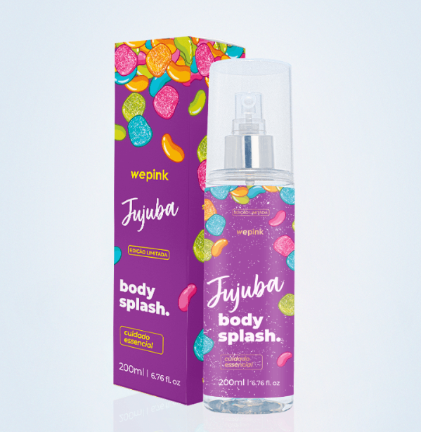 Frasco e embalagem de body splash wepink Jujuba com design colorido de jujubas
