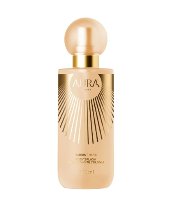 Frasco dourado de body splash Aura Beauty 200 ml