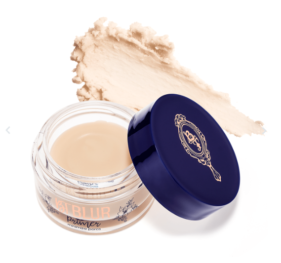 Primer em frasco de vidro com tampa azul e creme bege claro