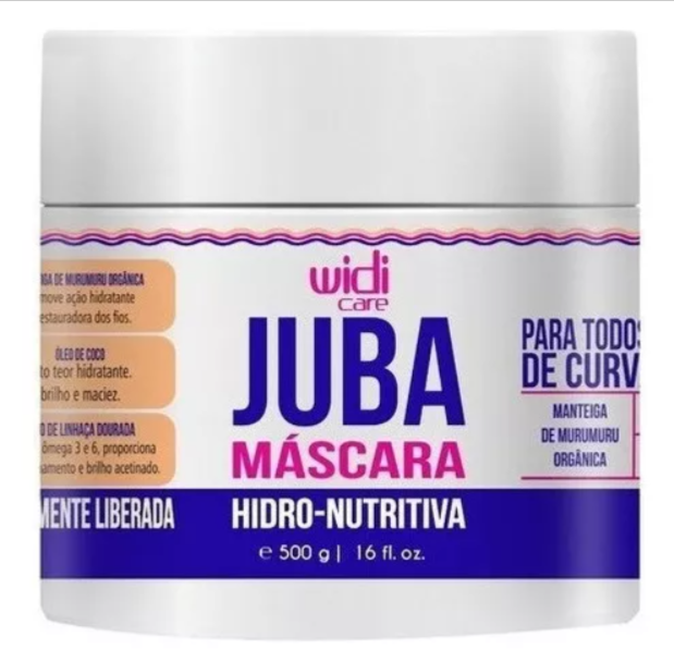 Máscara capilar Juba Widi Care embalagem branca e texto azul e rosa