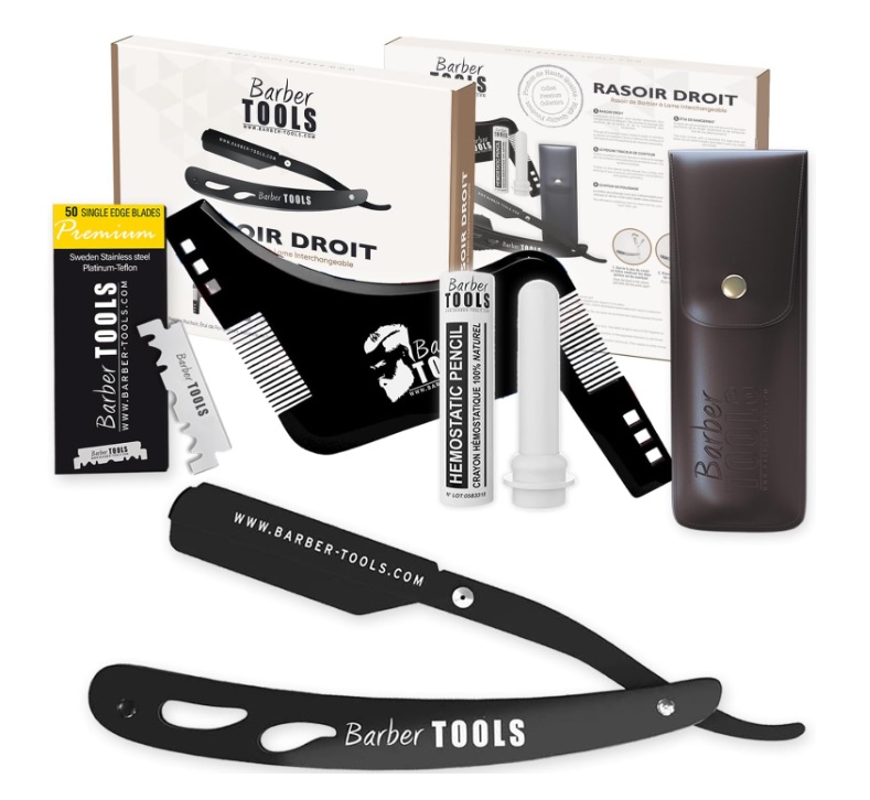 kit de ferramentas de barbear com navalha, lâminas, pentes, pomada e estojo de couro marrom