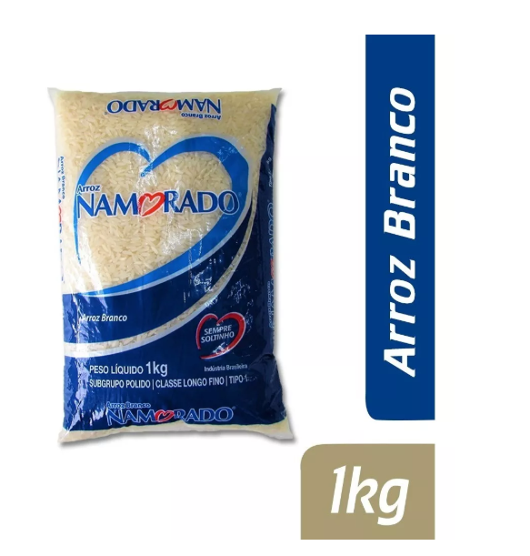 Embalagem de 1 kg de arroz branco Namorado em saco azul e branco