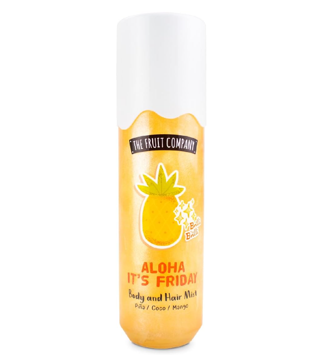 Frasco amarelo com tampa branca e rótulo de ananás de spray para corpo e cabelo