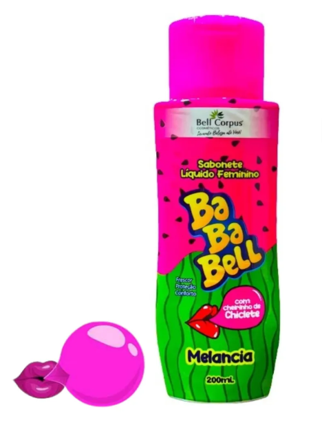 Frasco rosa e verde de sabonete líquido feminino Ba Ba Bell com aroma de chiclete e melancia