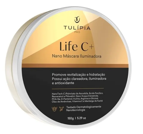 Embalagem redonda de máscara facial Life C+ da Tulípia Pro com tampa dourada e preta