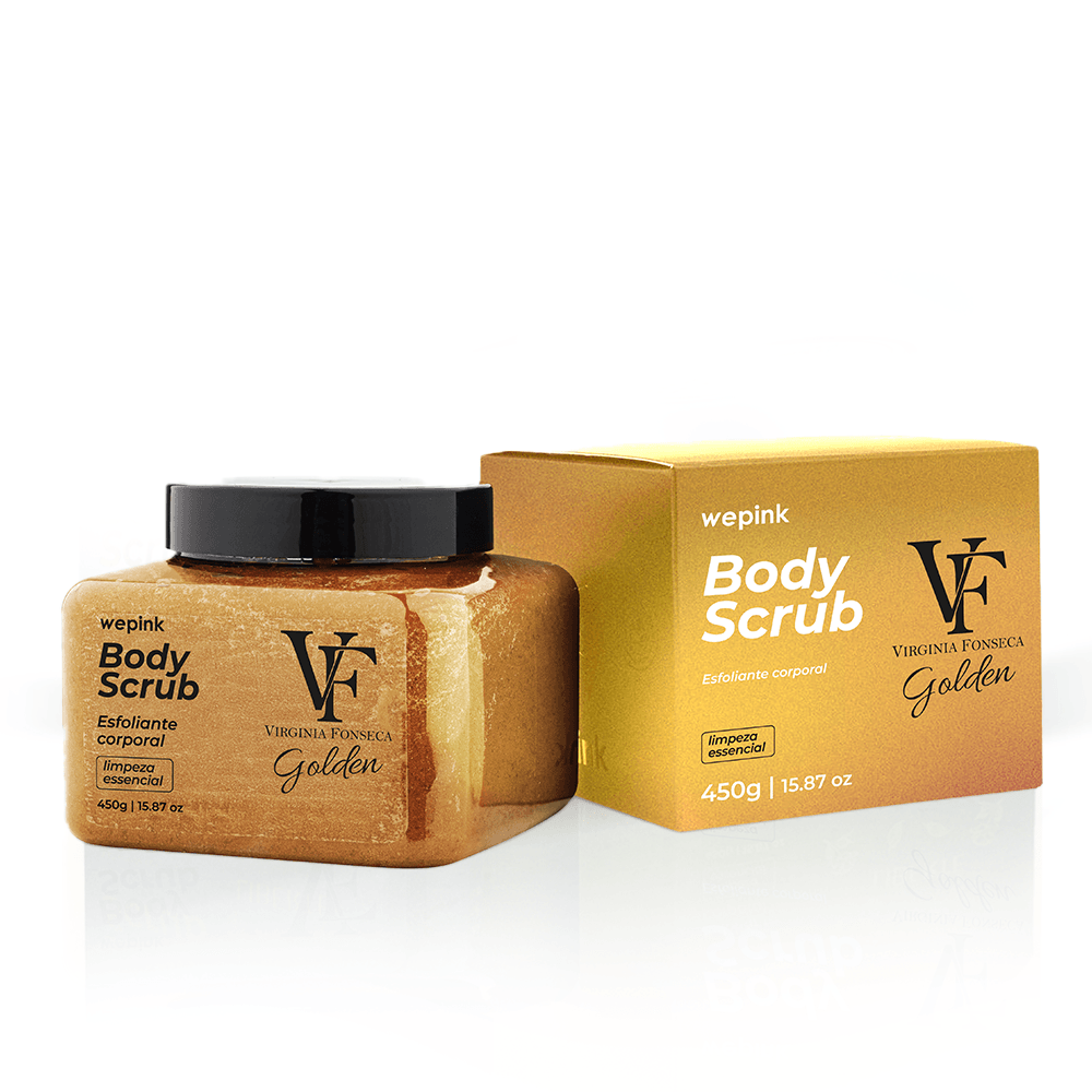 Frasco de esfoliante corporal Body Scrub com caixa dourada ao lado