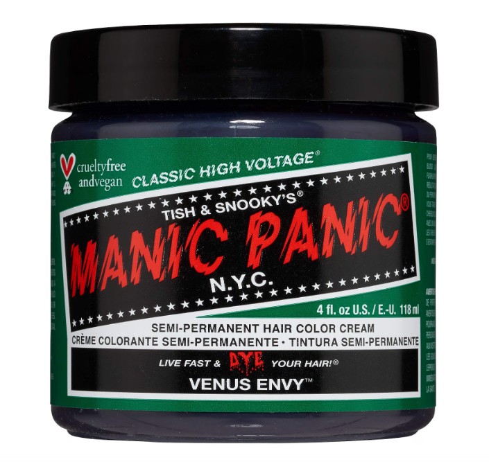 Creme para coloração semi-permanente de cabelo Manic Panic em pote azul e tampa preta.