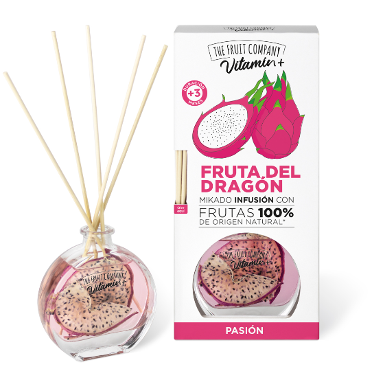 Difusor Mikado com aroma fruta del dragón e embalagem branca com ilustração da fruta