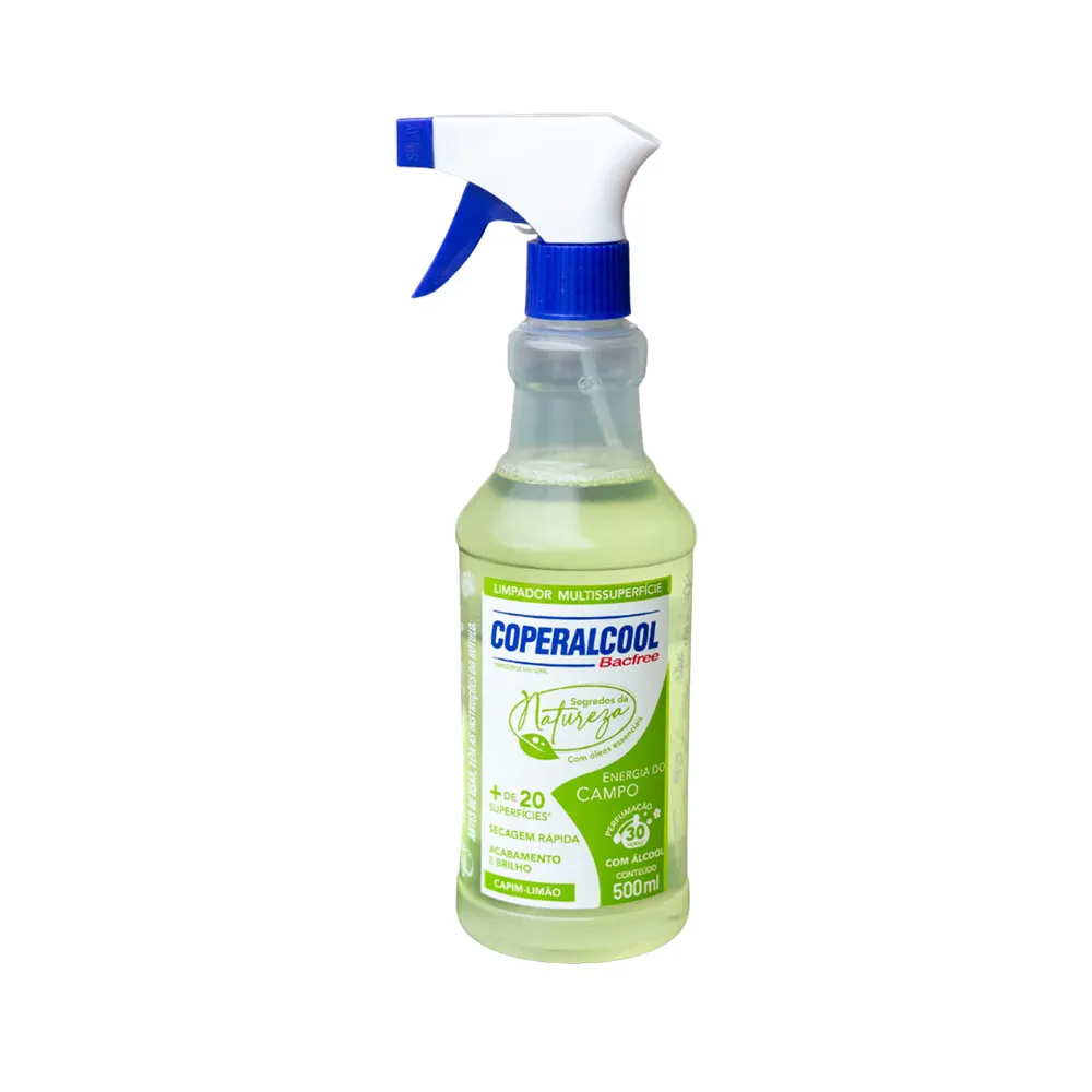 Frasco spray de plástico com líquido verde claro e etiqueta verde/ branca