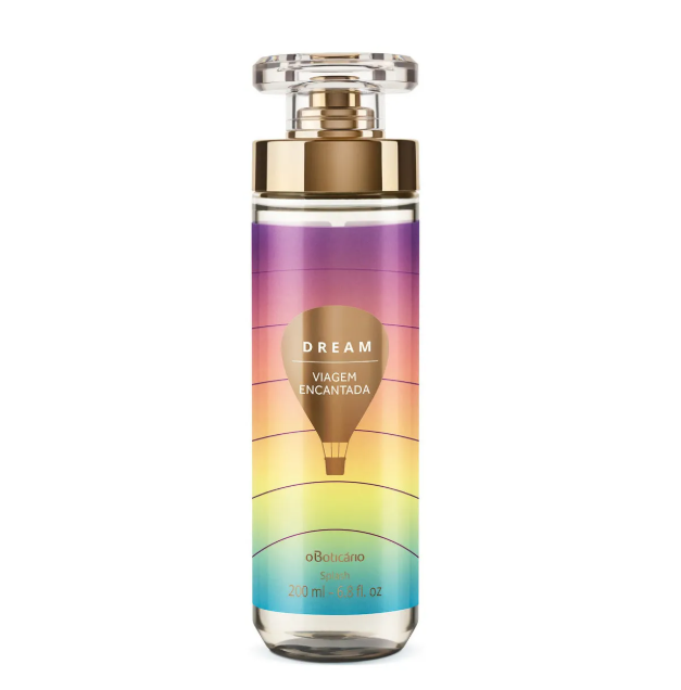 Frasco de perfume DREAM VIAGEM ENCANTADA com rótulo colorido e tampa dourada