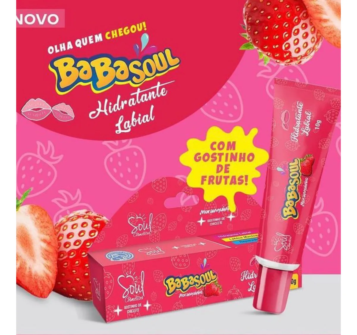 Hidratante labial Babasoul em embalagem rosa com morangos e texto em português.