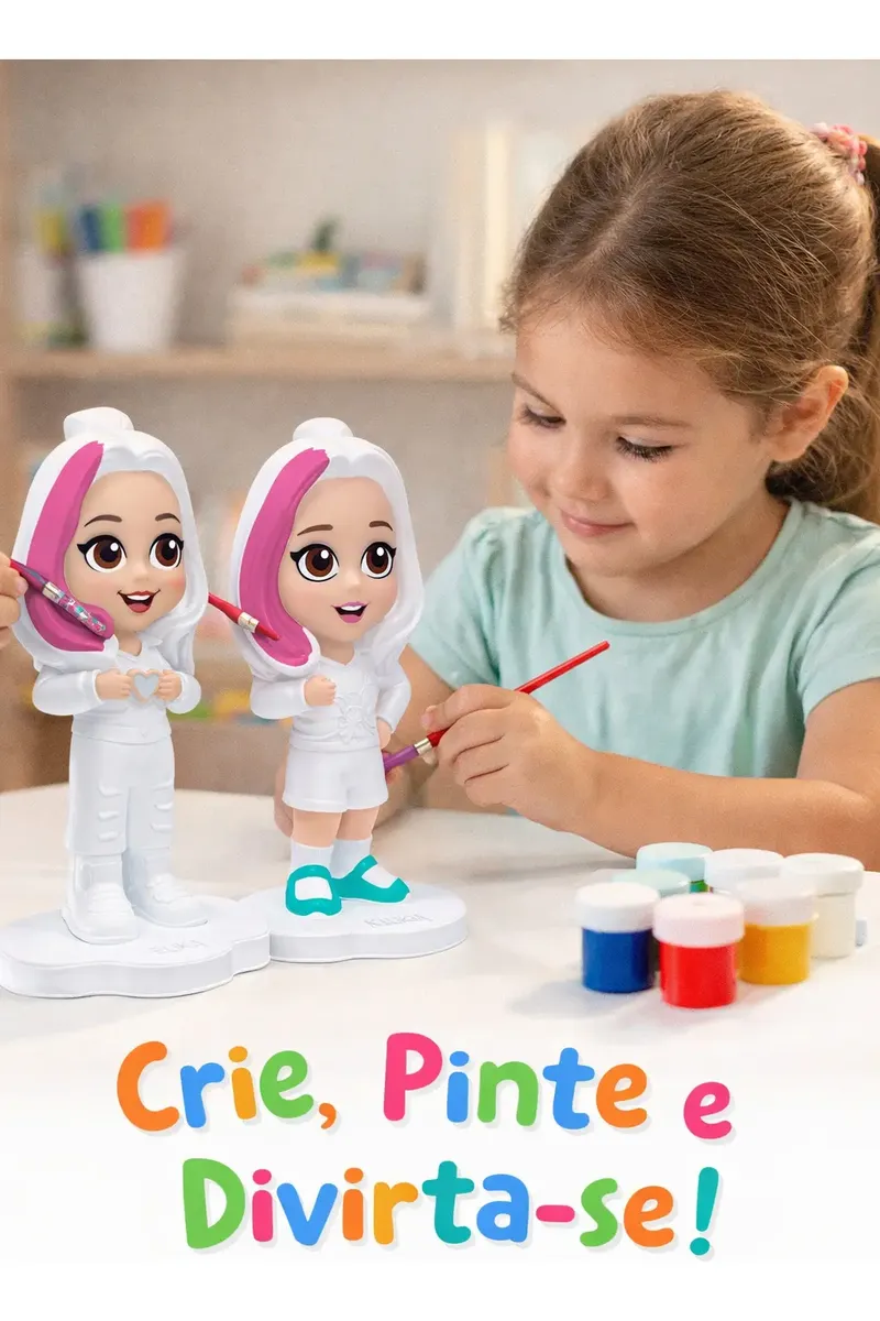 Criança a pintar bonecas de plástico branco com cabelo branco e rosa em mesa com tintas coloridas