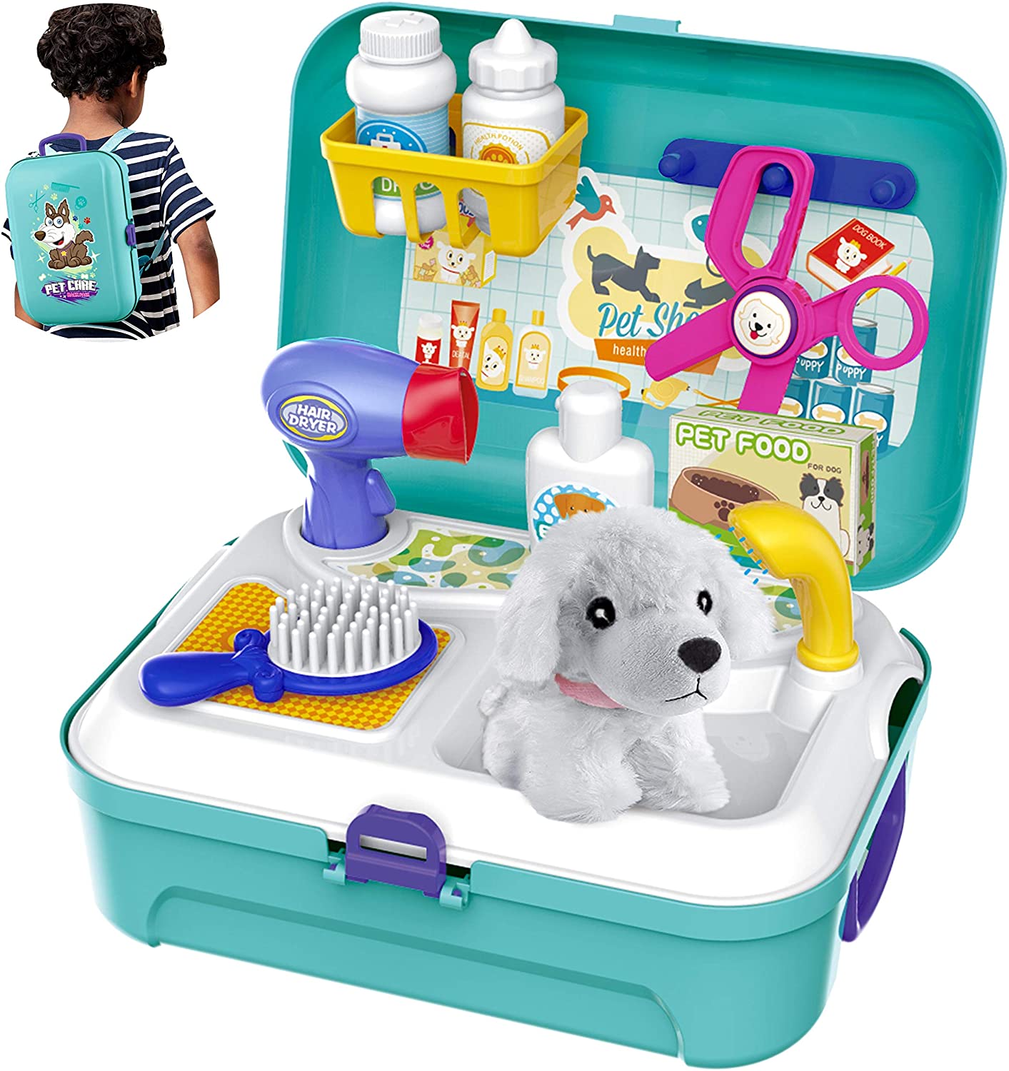 Kit veterinário infantil com cão de peluche e acessórios em caixa azul clara