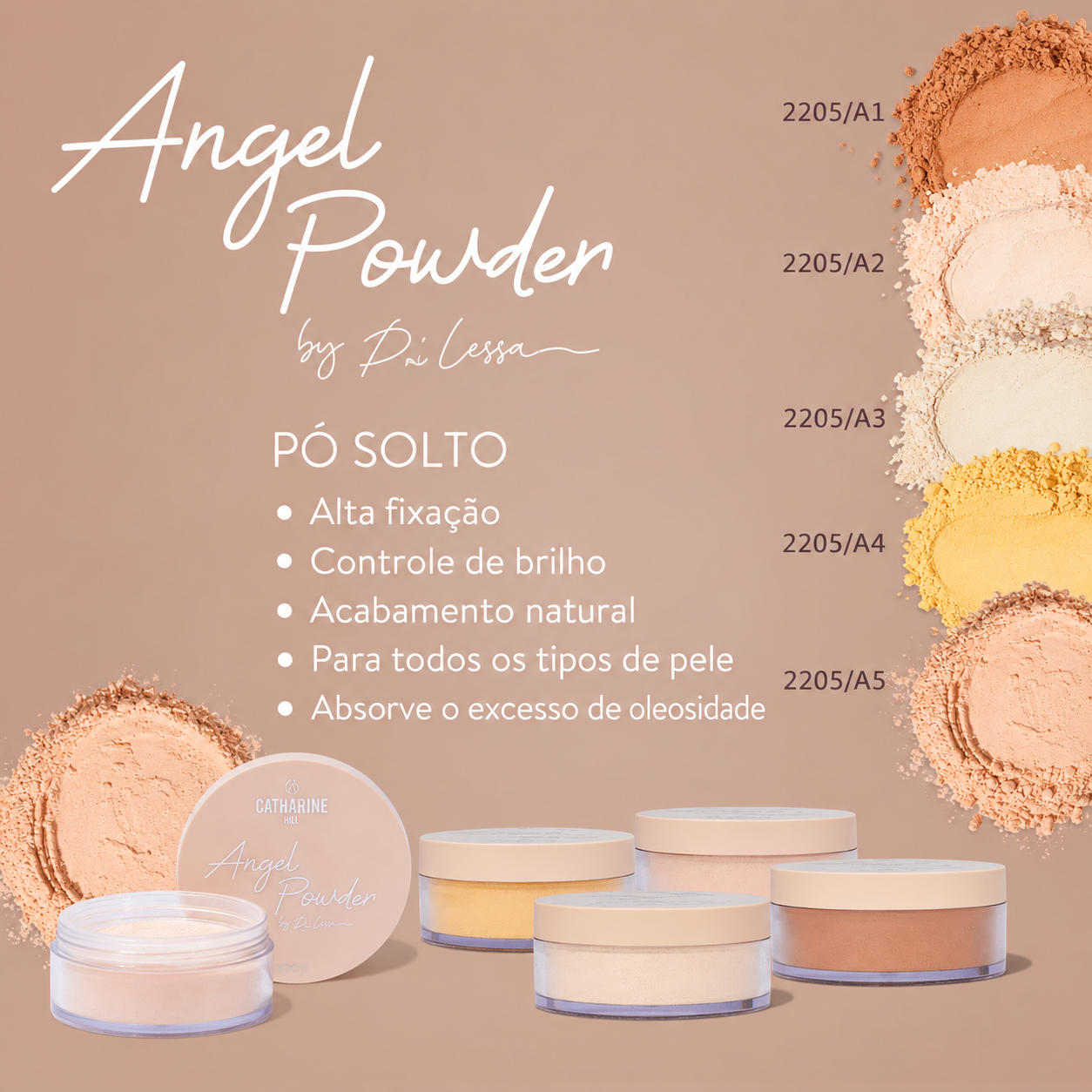 Pó solto Angel Powder várias tonalidades em embalagens redondas com tampa bege