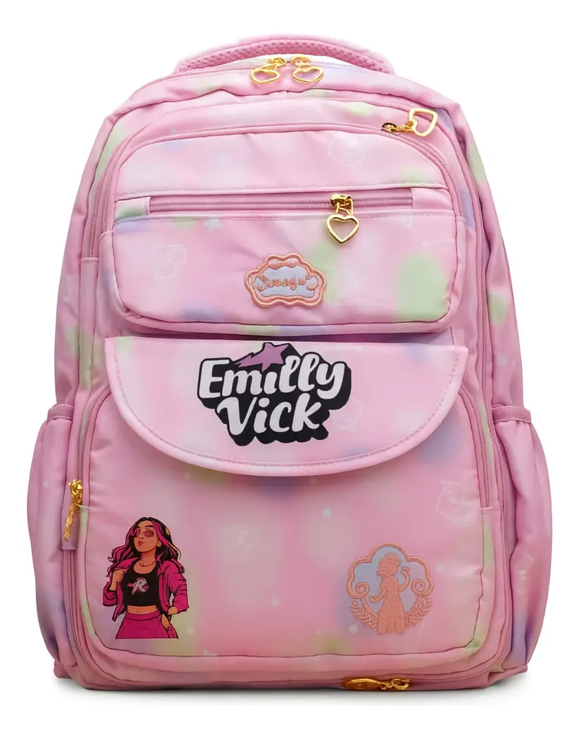 Mochila rosa com detalhes dourados, texto Emilly Vick e ilustrações de mulher
