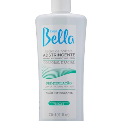 Frasco branco de plástico com loção Depil Bella hortelã