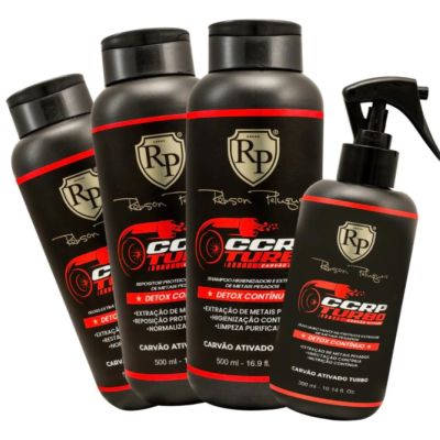 Produtos capilares Robson Peluquer com embalagem preta, detalhes vermelhos e texto em branco