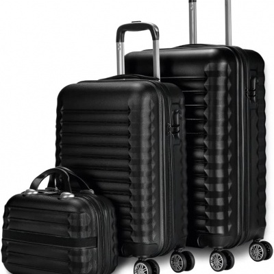 Conjunto de três malas de viagem rígidas pretas com rodas e hastes retráteis