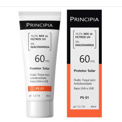 Protetor solar PRINCIPIA FPS 60 com niacinamida, embalagem branca e preta com detalhes laranja