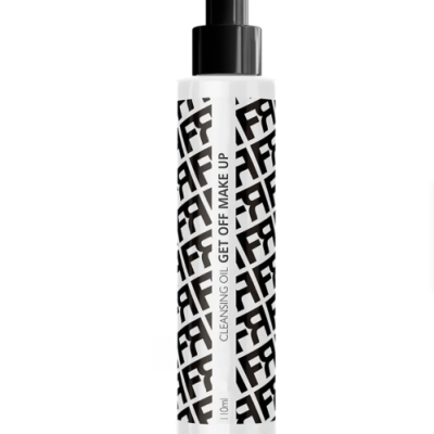 Frasco branco com doseador preto e padrão preto com texto vertical CLEANSING OIL GET OFF MAKE UP