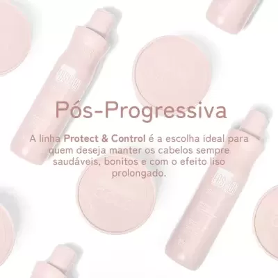Produtos capilares Fashion Gold em frascos e tinas rosa claro com texto em português num fundo branco