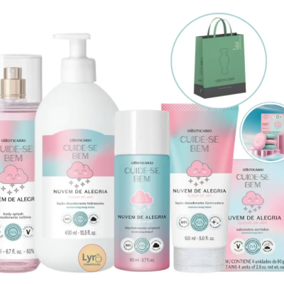 Produtos de corpo O Boticário Cuide-se Bem Nuvem de Alegria com embalagem e saco verde.