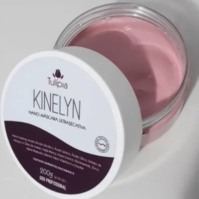 Frasco aberto de máscara rosa Kinelyn da Tulípia com tampa branca e texto visível