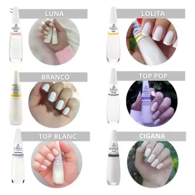Seis vernizes de unhas Impala com diferentes tons claros mostrados em unhas aplicadas.