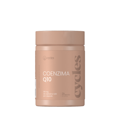 Frasco de suplemento com rótulo bege Coenzima Q10 da Cycles Nutrition