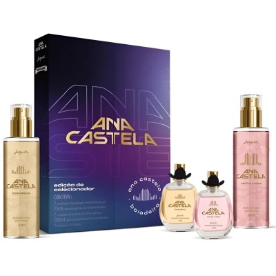 Conjunto de cosméticos Ana Castela com frascos spray e perfume em embalagem azul escura.