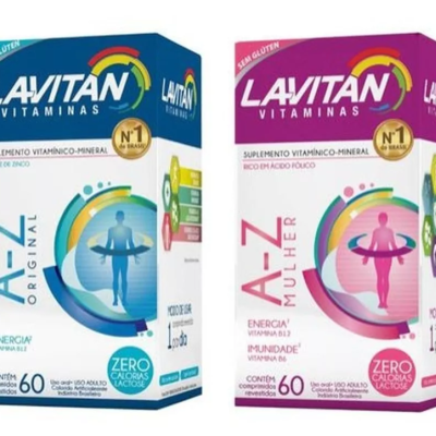 Caixas de Lavitan Vitaminas A-Z Original azul e A-Z Mulher rosa, suplementação vitamínica e mineral.