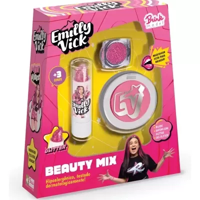 Kit de maquilhagem infantil Emilly Vick com blush e glitter em embalagem rosa e amarela