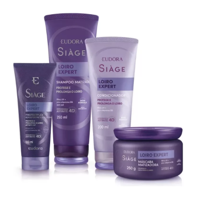 Produtos de cuidado capilar Eudora Siàge Loiro Expert em embalagens roxas