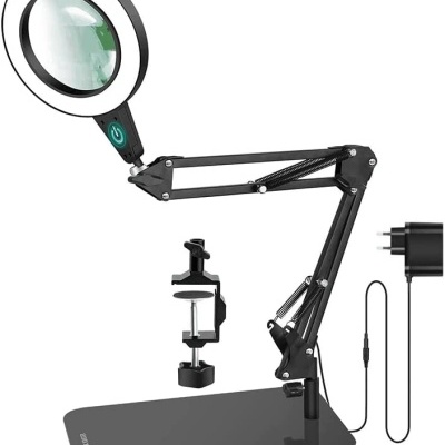 Lupa de bancada com luz LED e suporte ajustável preto