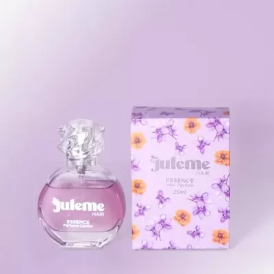 Frasco de perfume capilar e caixa floral lilás