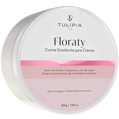 Creme emoliente Floraty Tulípia Pro com embalagem branca e rosa