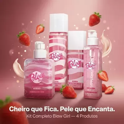 Produtos Blow Girl em embalagens rosa com morangos ao redor