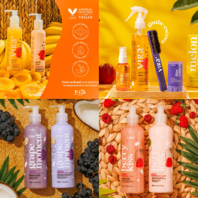Produtos de higiene Vira com embalagens coloridas e frutos, rótulos destacando vegan e plástico biodegradável