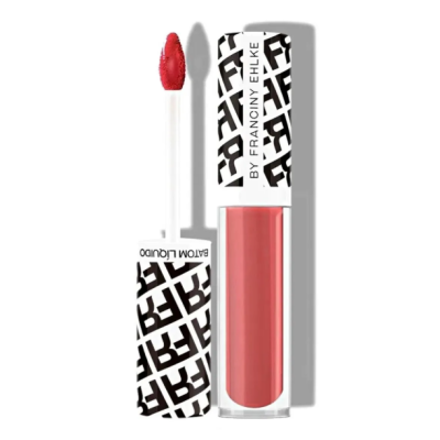 batom líquido rosa em embalagem transparente com tampa preta branca decorada