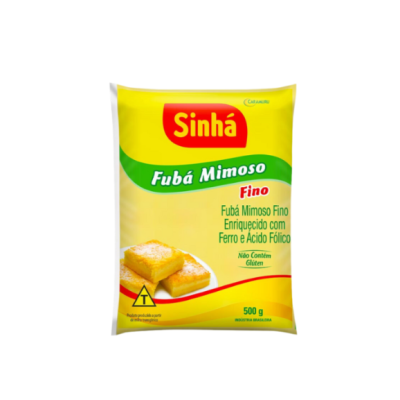 Embalagem de Fubá Mimoso Fino Sinhã 500g amarela com verde e vermelho